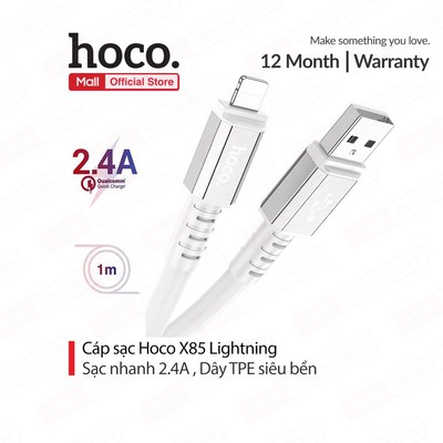Cáp sạc 2.4A Hoco X85 USB to IP dây dẻo truyền dữ liệu dùng cho ip7/8/X/11/12/13/14 dài 1M ( Trắng )