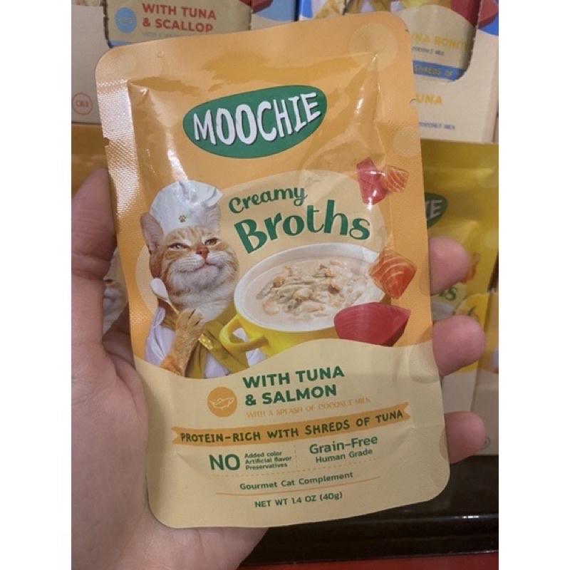 Pate Moochie Creamy Broths dạng thịt & nước xương hầm cho mèo gói 40g