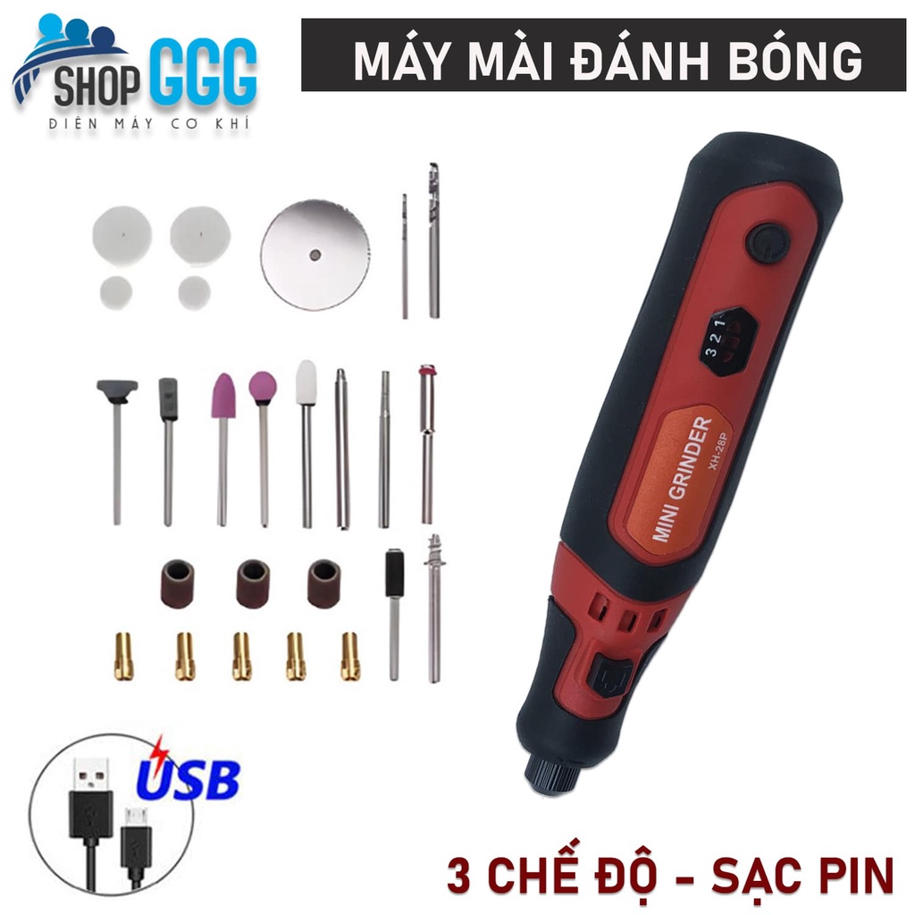 Máy mài khuôn, mài đánh bóng mini - 3 chế độ, sạc pin| Bộ 28 chi tiết | Cắt, khắc, phay, mài, vẽ, cắt tỉa, đánh bóng