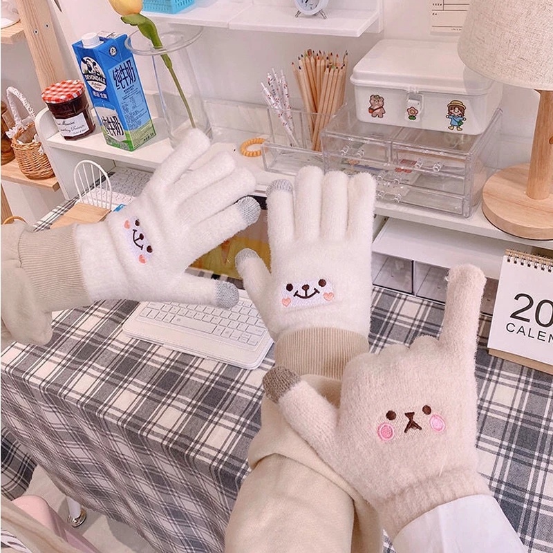 Đôi Găng Tay Bông Mềm Mại Có Thể Chạm Màn Hình Cảm Ứng In Hình Mặt Cười Dễ Thương