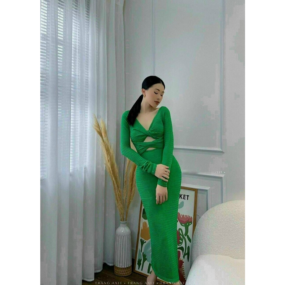 Đầm body nữ tay dài kiểu xoắn ngực dáng dài midi kiểu bút chì chất thun gân nổi 2 khoen xinh xắn