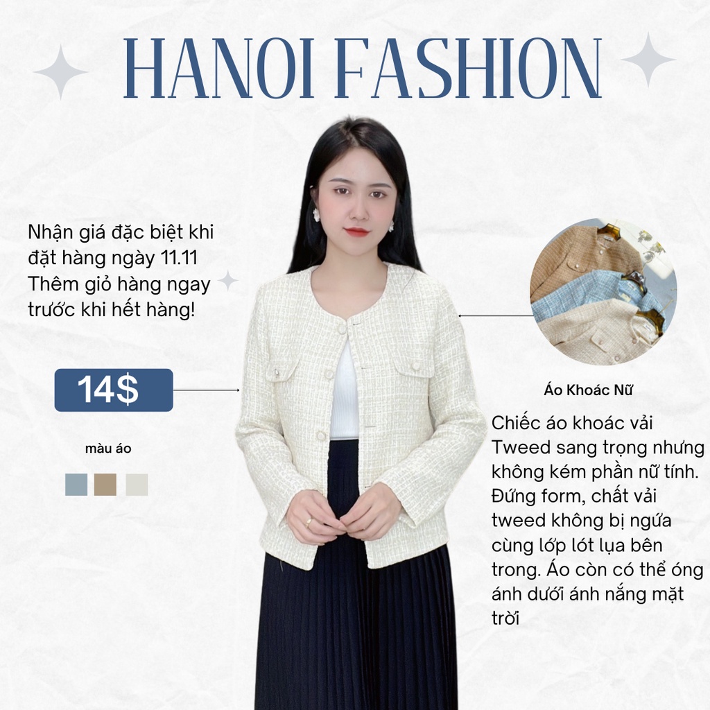 Áo Dạ Tweed Nữ Hai Lớp Dáng Ngắn Cao Cấp Màu Tiêu Cúc Ngọc, Áo Dạ Nữ Dáng Ngắn