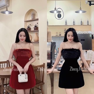 ĐẦM NHUNG HAI DÂY DÁNG NGẮN PHỐI LÔNG VŨ