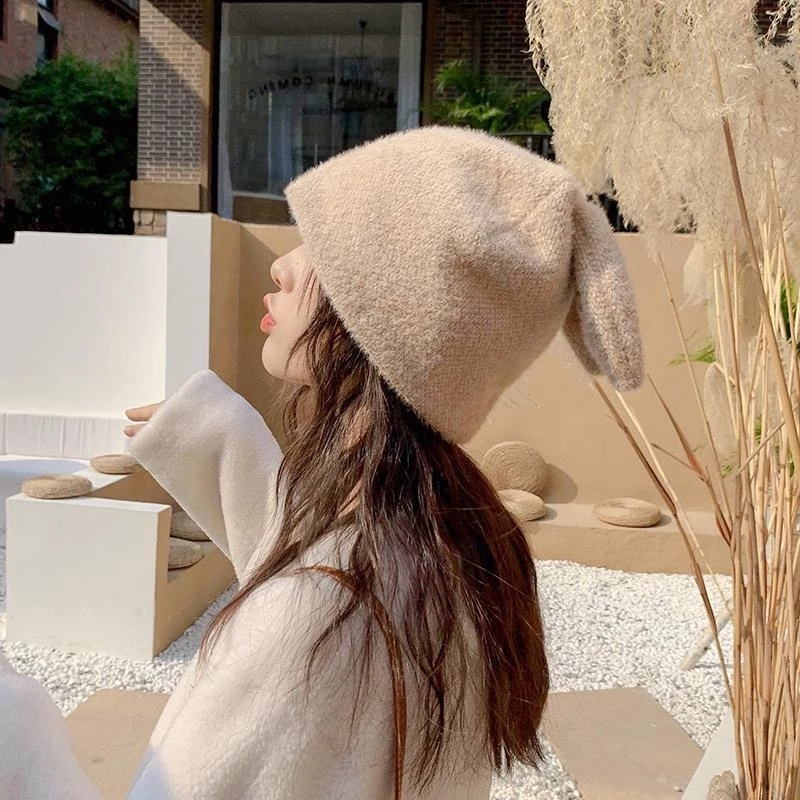 Mũ Len Dệt Kim Đính Tai Thỏ Dễ Thương Giữ Ấm Mùa Thu Đông