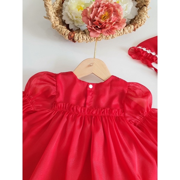 Váy Xô Muslin Đỏ Phối Ren, Body Váy Tơ Đỏ Nơ Xinh Xắn Cho Bé Gái Sơ Sinh