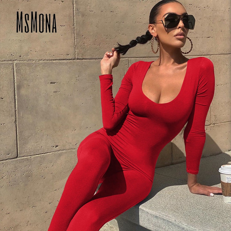 MsMona Jumpsuit Tay Dài Cổ Chữ U Màu Trắng Trơn Thời Trang 2022 Quyến Rũ Cho Nữ