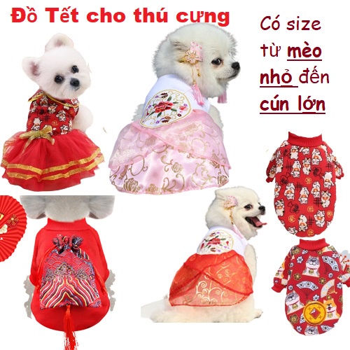 (Có size từ mèo con đến cún lớn) Đồ Tết Thú Cưng Chó Mèo, váy áo Tết cho chó mèo