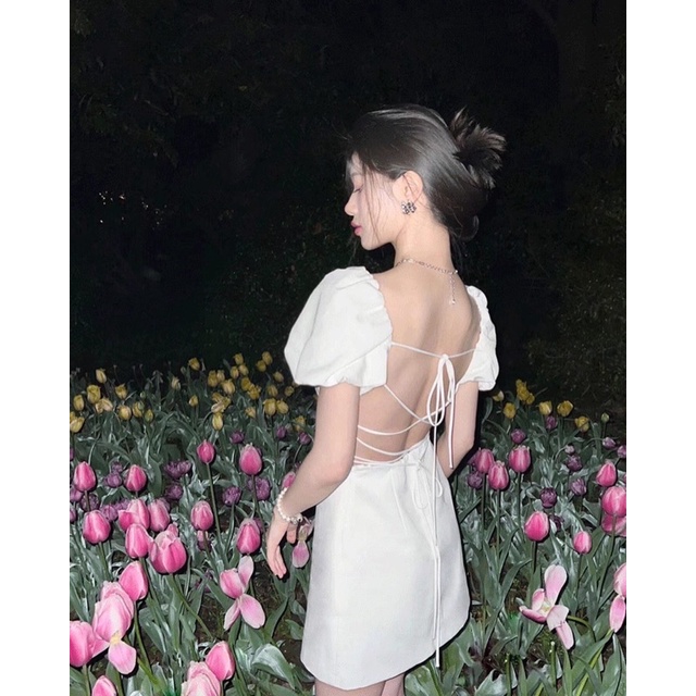 Đầm Zara Tay Phồng Hở Lưng Cột Dây