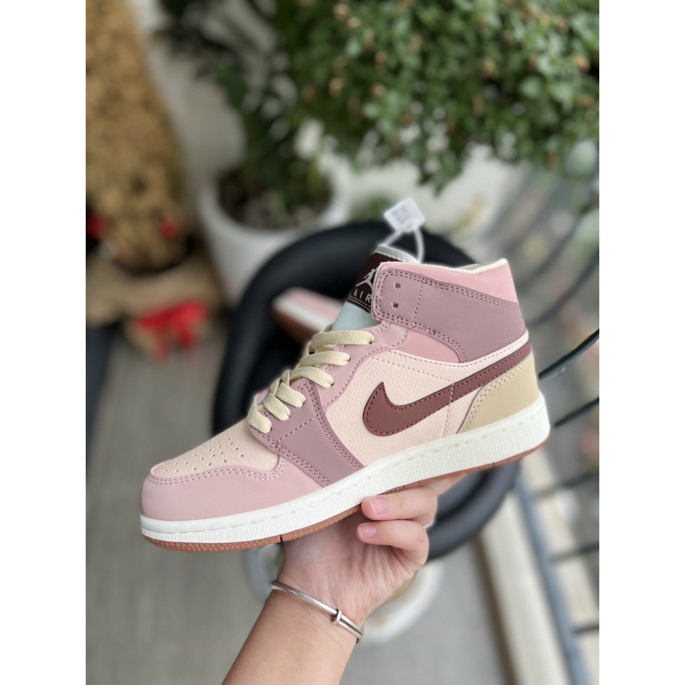 Giày J.D Milk tea br, Giày Jordan 1 cổ cao JD hồng trà cổ cao bản đẹp full box bill_Tặng box bảo vệ