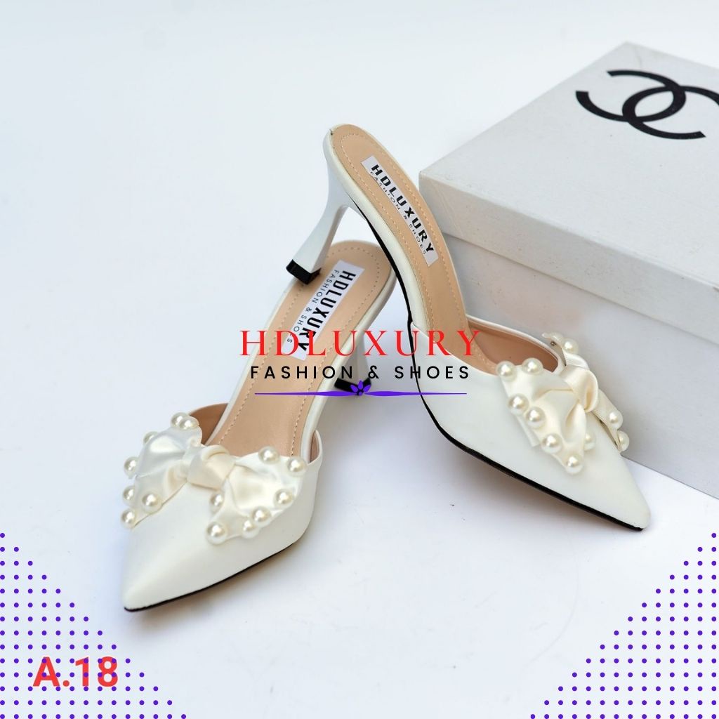 Guốc cao gót 5 phân mũi nhọn HDLUXURY bít mũi ngọc trai A 18