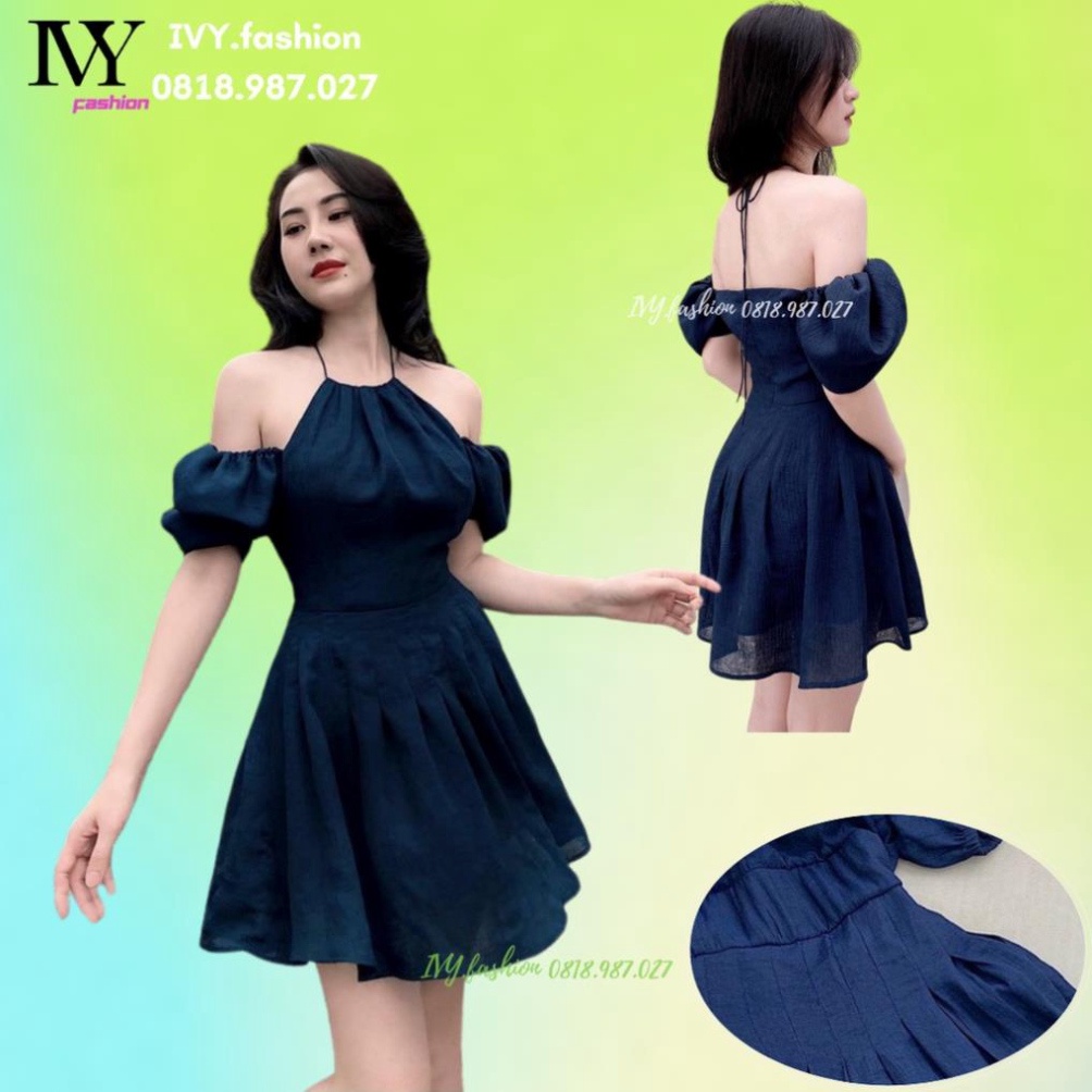Đầm dạo phố cổ yếm rớt vai Navy Dress cao cấp đi biển dự tiệc đám cưới bigsize dạ hội