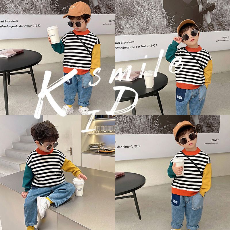 [W.M Áo Sweater Mỏng Kẻ Sọc Màu Tương Phản Thời Trang Xuân Thu 2022 Phong Cách Mới Cho Bé Trai