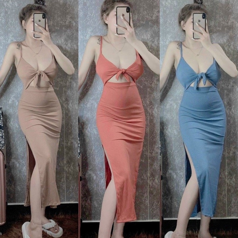Đầm Hai Dây  Nơ Cột Ngực Dáng Dài Xẻ Tà Ngực Ôm Dáng Phong Cách Âu Mỹ Quyến Rũ Dành Cho Nữ Đi Biển Nghỉ Mát