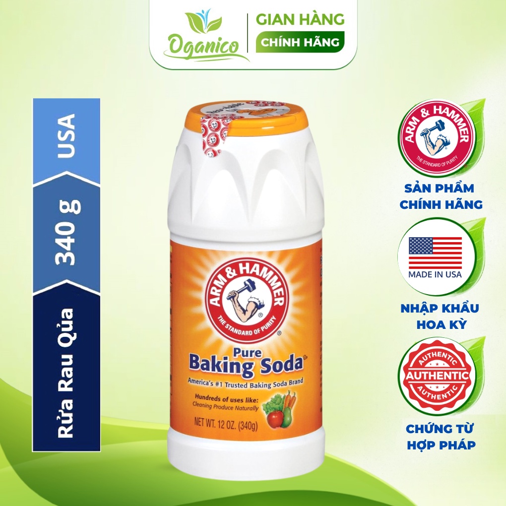 Baking Soda chính hãng Arm and Hammer chai 340g / hộp 454g dùng thay nước rửa rau củ quả nhập khẩu Mỹ OGANICO