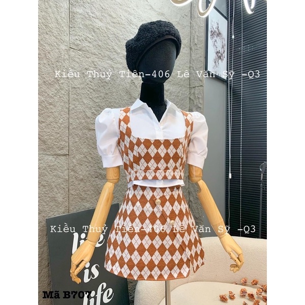 set kiều thuỷ tiên new 3 chi tiết gồm áo sơmi, áo croptop, chân váy