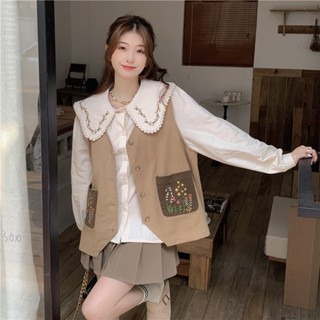 Áo khoác gile nữ kiểu trơn màu túi thêu hoa vintage, gile nữ phối sơ mi form rộng cổ thêu viền hoa 3277