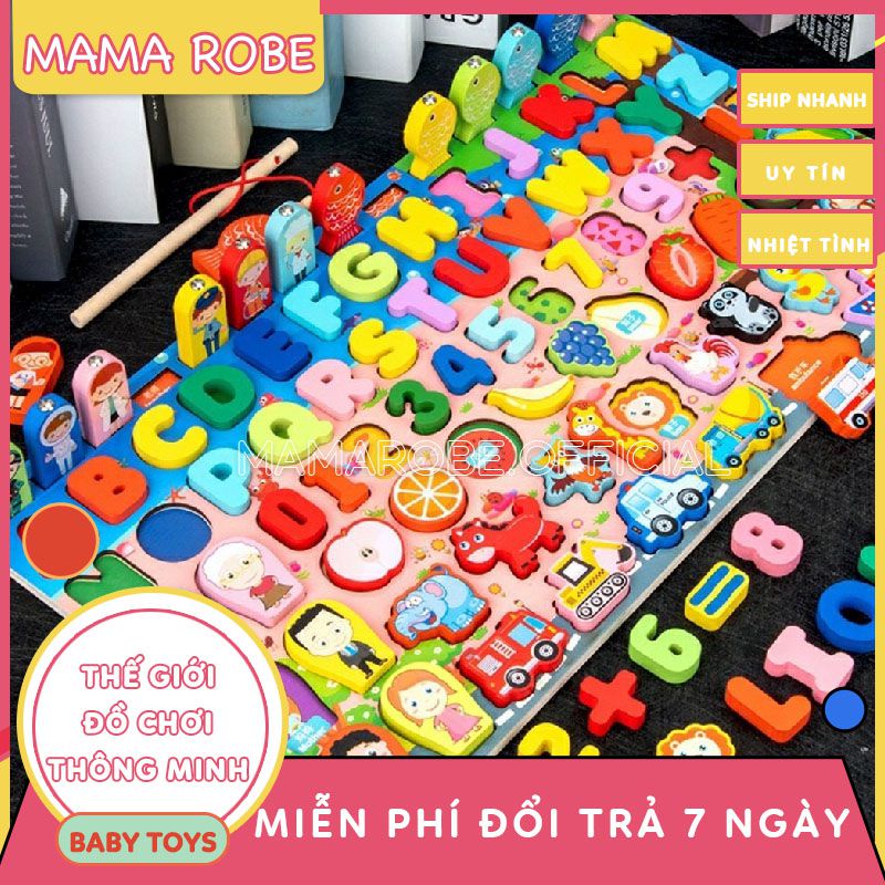 Bộ bảng gỗ câu cá học chữ, học số, ghép hình học động vật, trái cây đồ chơi phát triển trí tuệ cho bé