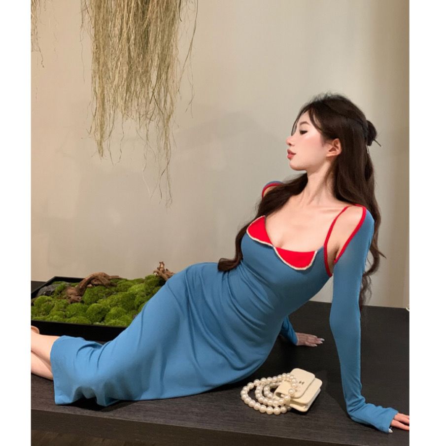 Jiashucheng Áo Khoác Ngắn Phối Váy Hai Dây Màu Sắc Tương Phản Phong Cách Retro Quyến Rũ