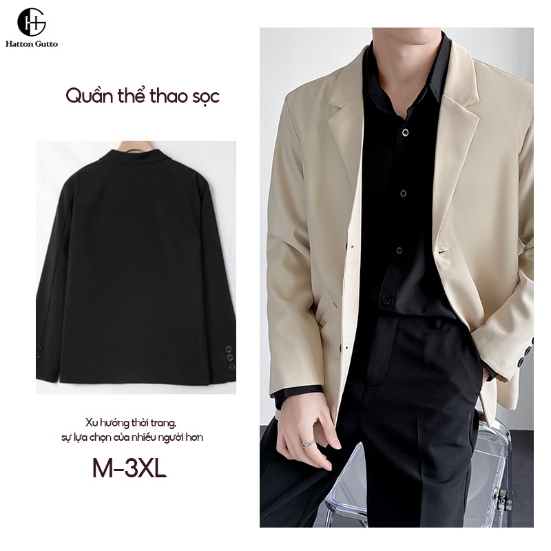 Áo blazer HATTON GUTTO dáng dài rộng phối cổ tay sành điệu màu be đen phong cách Hàn Quốc thời trang unisex cho nam