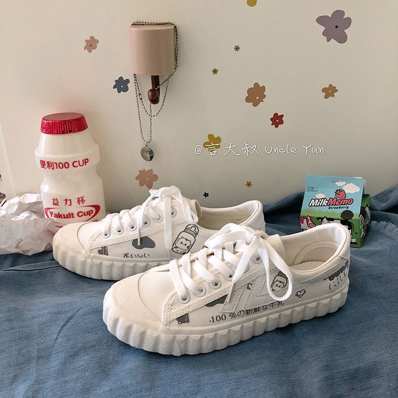 Giày thể thao trắng ulzzang hoạ tiết trà sữa,sữa bò... vải canvas cho nữ