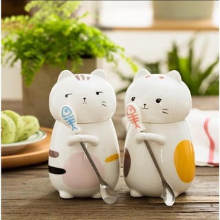 Ly cốc sứ hình mèo con đang ôm thìa cá dễ thương sáng tạo dung tích lớn