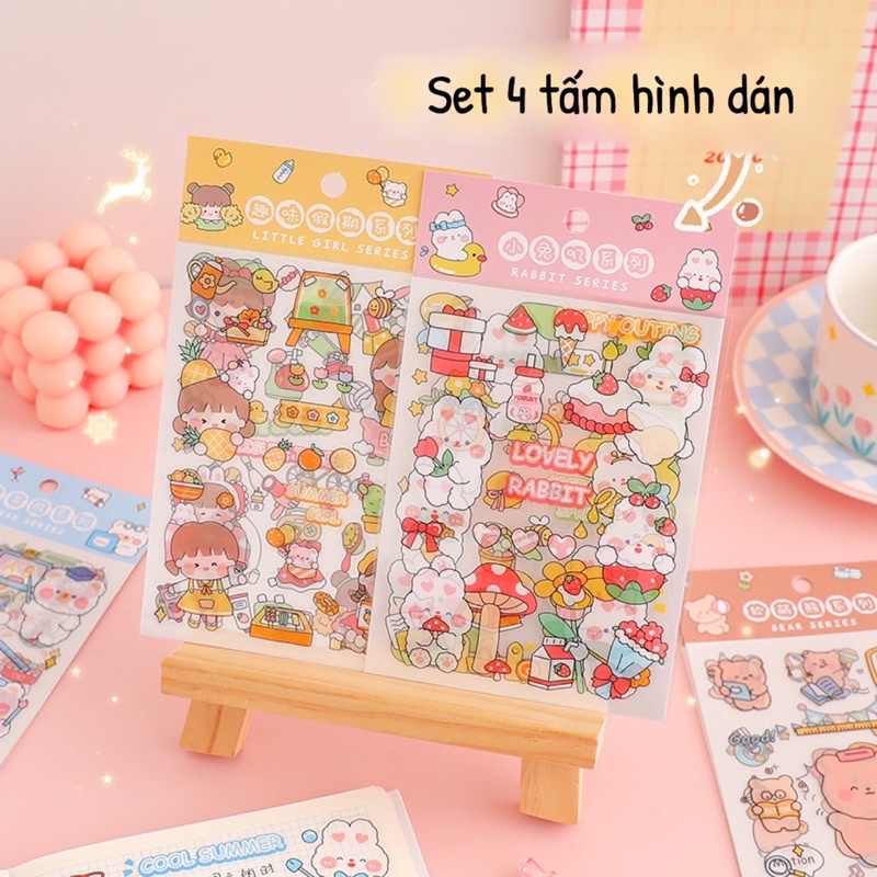 Set 4 tấm hình dán PET chống nước hoạ tiết hoạt hình dễ thương, mẫu đã cắt sẵn Tiệm Ốc Sột