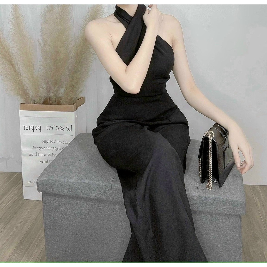 Jumpsuit nữ cổ yếm dễ thương quần ống rộng co giãn thoải mái cho nàng đi chơi và dự tiệc