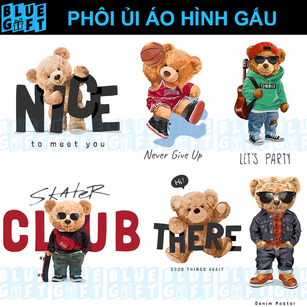 (Hình Ủi Nhiệt Quần Áo - Miếng Dán Ủi Quần Áo) Có In Theo Yêu Cầu, Hình Ủi Gấu G24 - Blue Gift