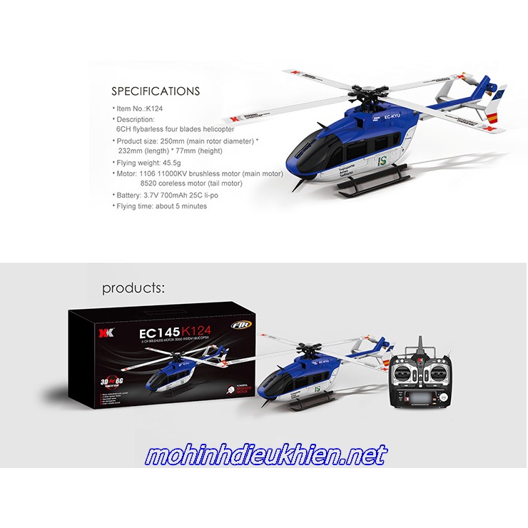 MÁY BAY XK K124 EC145 6 KÊNH KHÔNG CHỔI THAN 3D6G