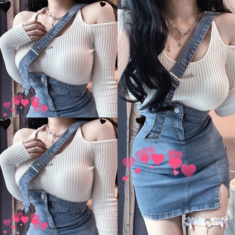 Set Áo Len Trễ Vai + Chân Váy Denim Phong Cách Hip Hop Ngọt Ngào Quyến Rũ Cho Nữ