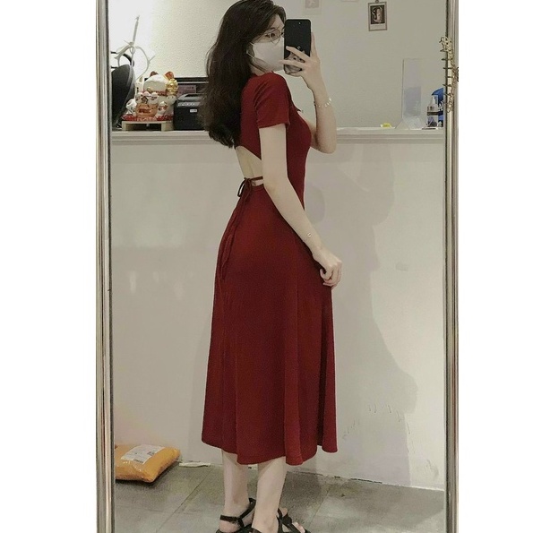 Đầm váy nữ dáng dài tay ngắn cổ tròn hở lưng áng xòe sang chảnh, tôn dáng thời trang nữ cho nàng dự tiệc siêu xinh