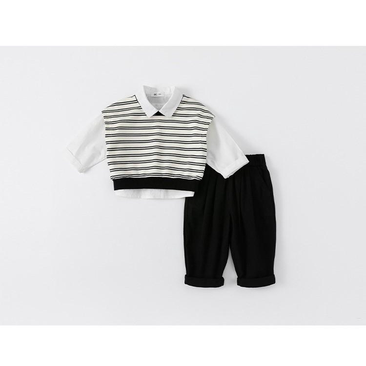 SET 3 CHI TIẾT SƠ MI TRẮNG MIX ÁO GILE KẺ KẾT HỢP QUẦN THÔ ĐEN PHONG CÁCH HÀN QUỐC CHO BÉ- HÀNG QCCC