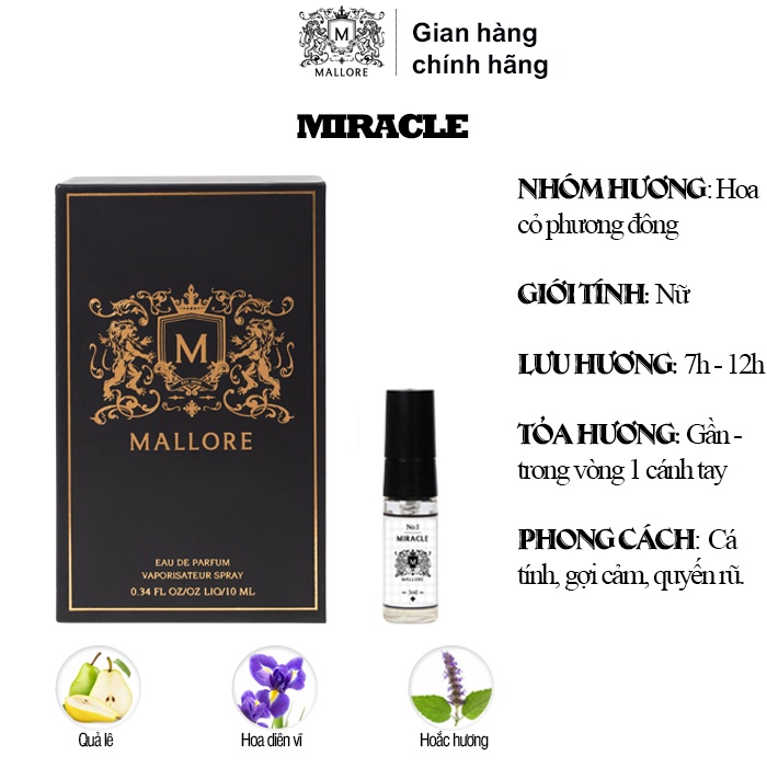 Nước hoa nữ Miracle ngọt ngào, thơm mát, gợi cảm Mallore 10ml dạng xịt tiện lợi