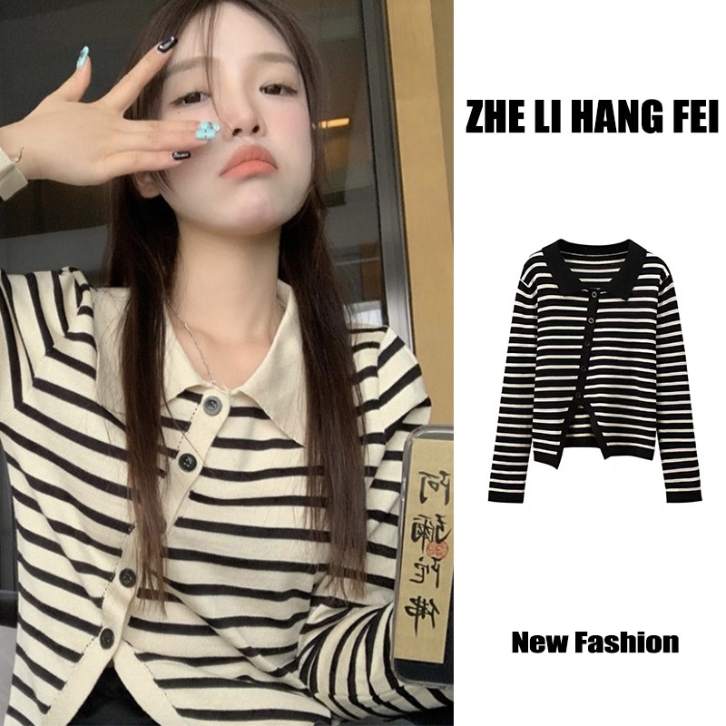 Áo cardigan ZHELIHANGFEI dệt kim cổ bẻ xẻ tà họa tiết kẻ sọc hợp thời trang