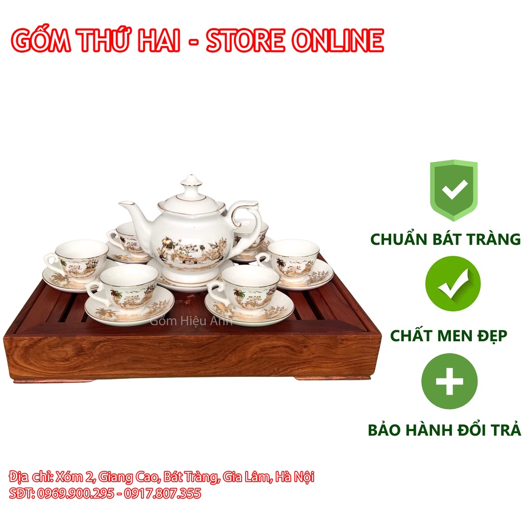 Bộ Ấm Chén Uống Trà, Bộ Ấm Trà Bát Tràng Cao Cấp Vẽ Chỉ Vàng Vinh Hoa Phú Quý