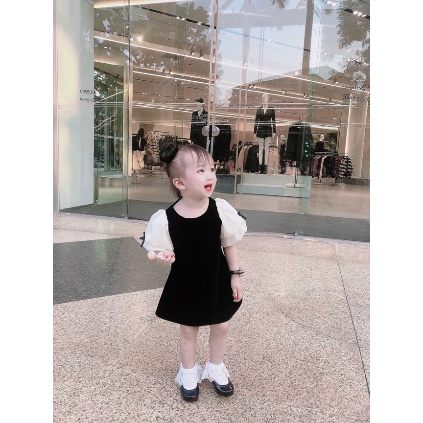 BÁN SỈ VÁY BÉ GÁI NHUNG ĐEN TAY BE ĐÍNH NƠ