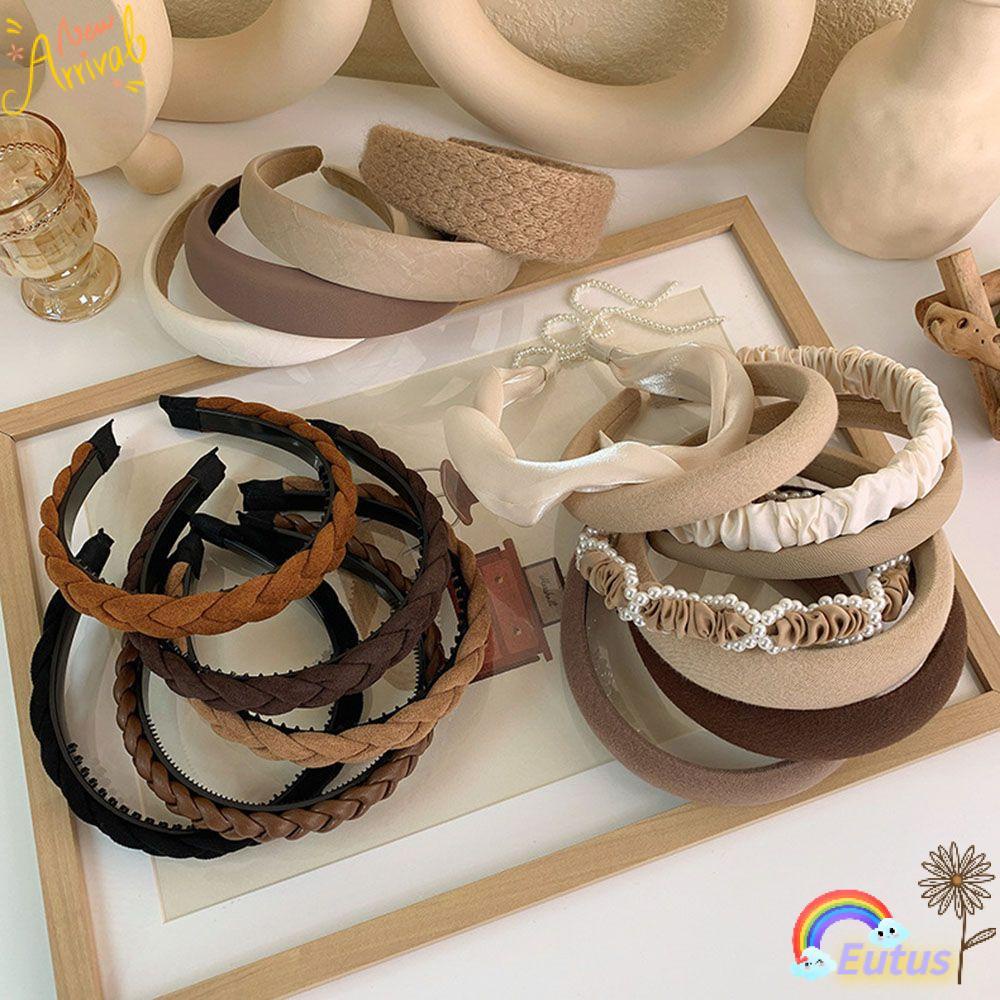 Băng Đô Cài Tóc Bản Rộng Bằng Vải Dệt Kim Màu Trơn Đính Ngọc Trai Thời Trang Cho Nữ