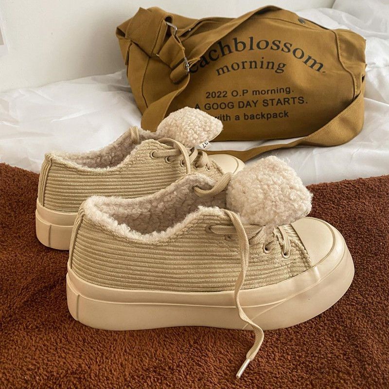 Giày Cotton Lót Lông Cừu Dày Dặn Mũi Tròn Phong Cách Nhật Bản Thời Trang Mùa Đông Cho Nữ
