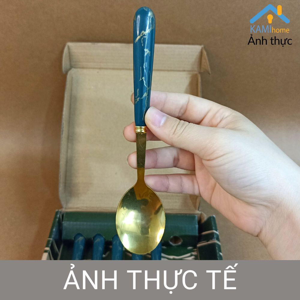(Bộ 6) Thìa Inox Mạ Vàng, Chuôi Vân Đá Sang Trọng 17cm, kèm hộp. KM 20115