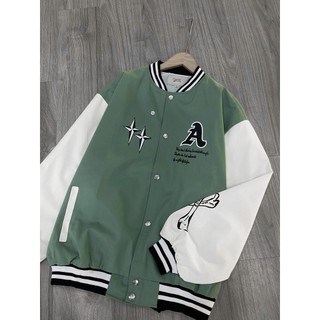 ÁO KHOÁC BOMBER CHỮ A XANH PHỐI TAY TRẮNG CHẤT KAKI 2 LỚP