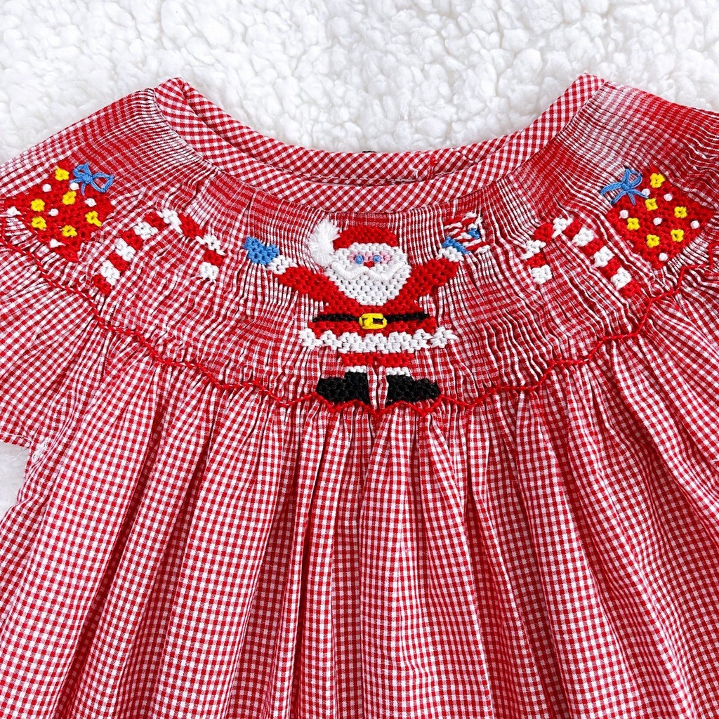 Váy Đầm Bé Gái SMOCK CÔ NẮNG Đỏ Kẻ Caro Tay Cánh Tiên Ông Già Tuyết Noel Dễ Thương