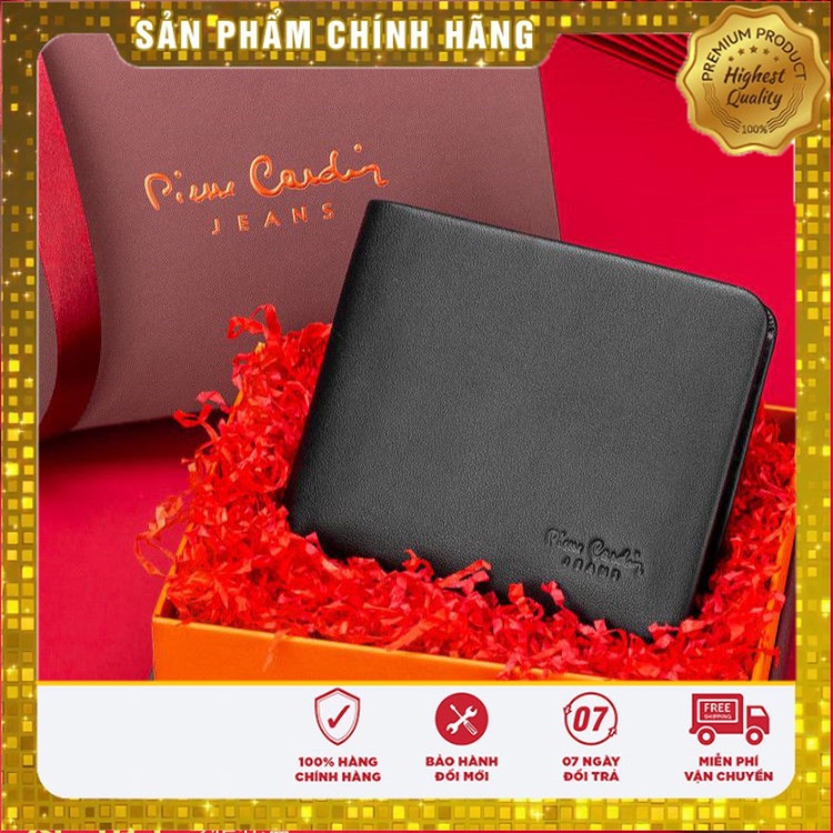 Bóp nam da bò thật Pierre Cardin trơn siêu mềm, full box, ví ngắn gập, ví da nam thật cao cấp phong cách sang trọng