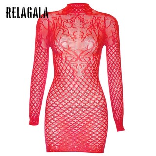 RelaGala Đầm dài tay cổ tròn rỗng màu trơn thời trang dành cho nữ
