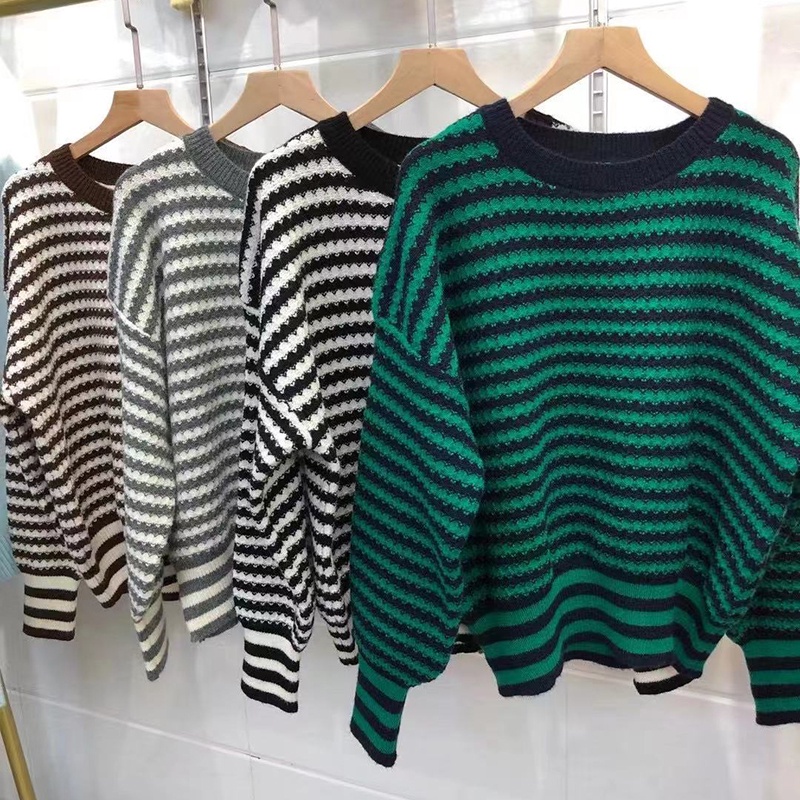 Áo Len Dài Tay Cổ Tròn Họa Tiết Sọc Ngang Phong Cách Hàn Quốc Mới