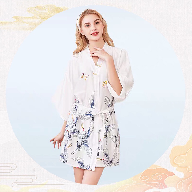 Áo choàng ngủ lụa cao cấp kiểu kimono in hình chim hạt sang trọng BT042