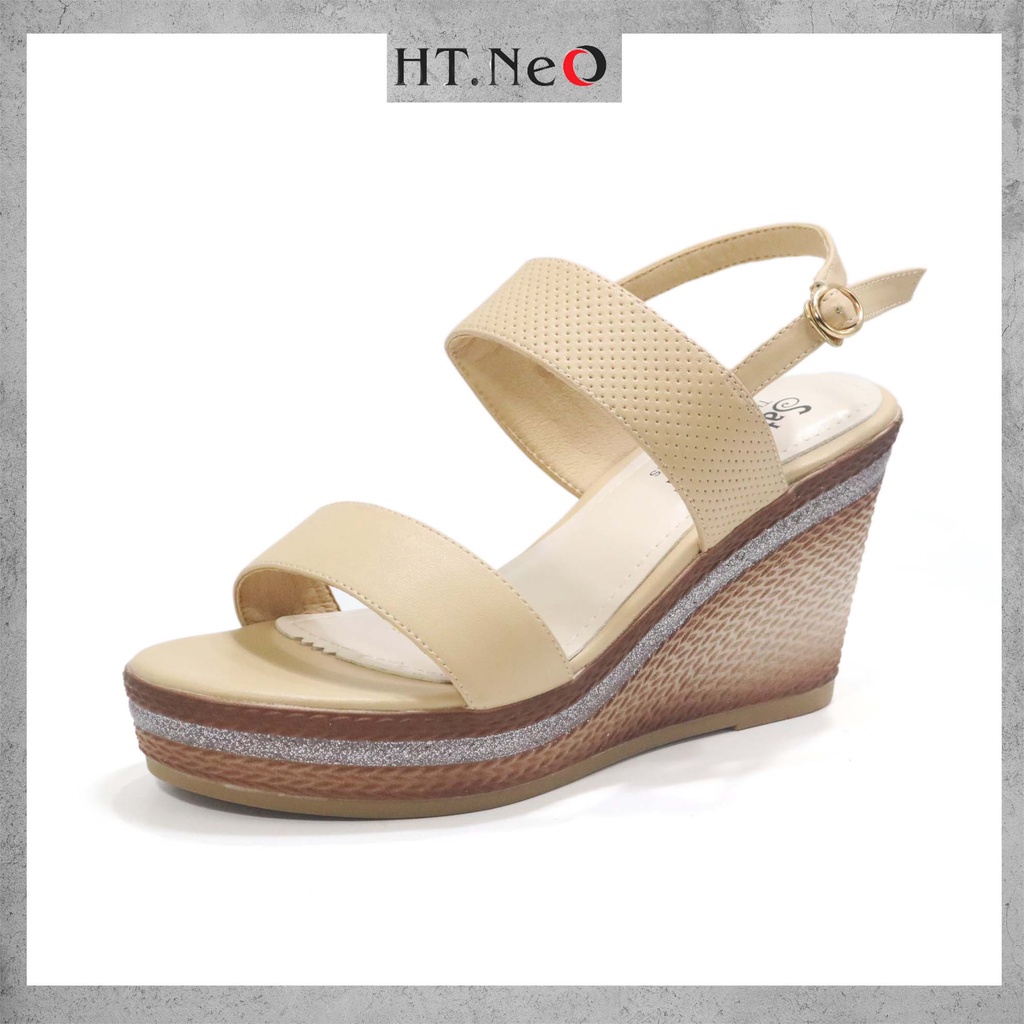 Sandal nữ da bò HT.NeO , Giày nữ đế xuồng cao 2 đế trước và sau quai da bò họa tiết bắt mắt tôn dáng chắc chân GNU2289