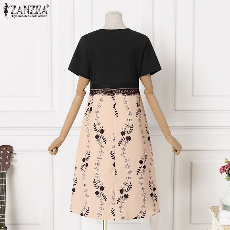 Đầm nữ Zanzea tay ngắn cổ tròn in họa tiết đơn giản thời trang