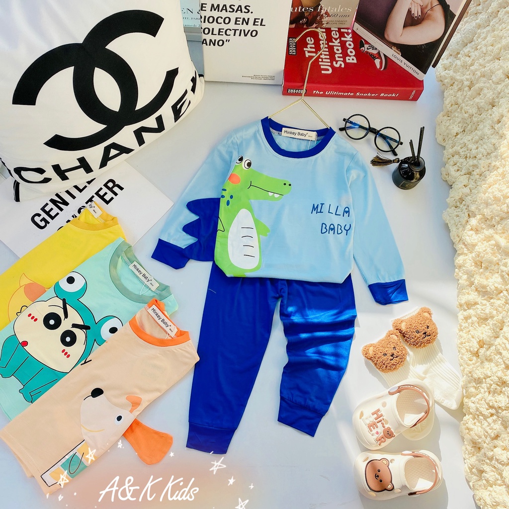 Bộ dài tay phối tai thú thật, minkey thun lạnh phối viền bo cho bé trai,gái dưới 1m2,từ 7kg đến 19kg M.52