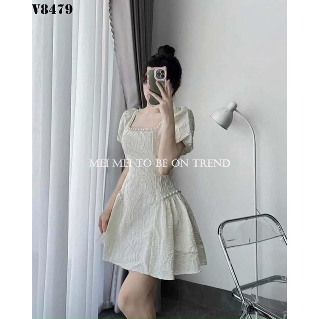 Đầm Thời Trang Nữ Mặc Đi Chơi Chất Gấm Cổ Vuông Có Mút Đính Cườm Tay Búp Váy Xoè Đen Và Trắng