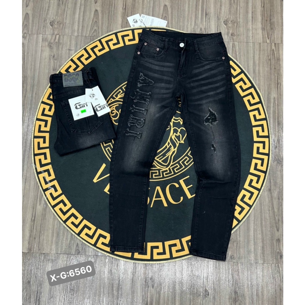 Quần jean nam ống ôm màu đen thêu xù AMR chất bò co giãn bốn chiều thời trang cao cấp VBSHOP123